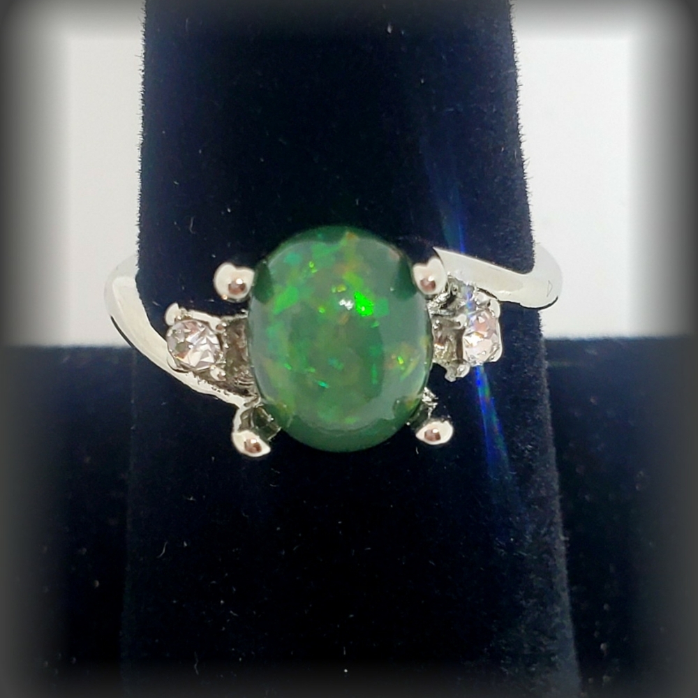 Sterling Silver Oval Cut Green Fire Opalescent - 8